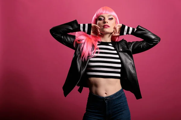 Beautiful Sensual Woman Pink Hair Wearing Punk Leather Jacket Trendy — 图库照片