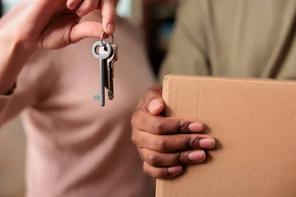 Diverse Man Woman Buying First House Together Having Keys Celebrating — Stockfoto