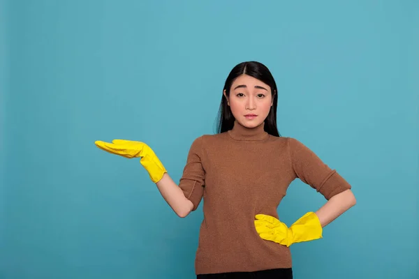 Sad Frustrated Tired Asian Homeworker Chores Pointing Hand Aside Copy — Stok fotoğraf