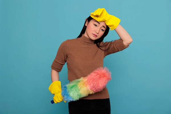 Tired Depressed Overworked Asian Woman Holding Colorful Duster Brush Yellow — 스톡 사진