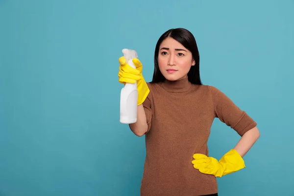 Confidence Satisfied Asian Young Woman Holding Spray Yellow Glove Ready — Foto de Stock