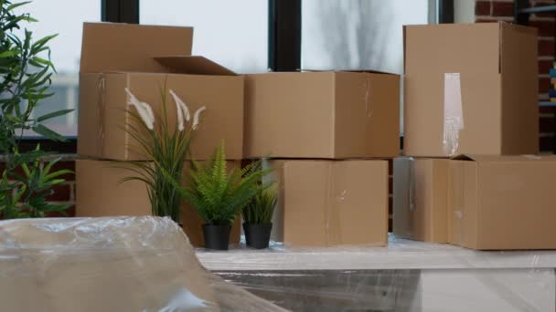 一堆堆移动的纸板箱装在桌子上 上面放着植物和装饰 放在空荡荡的家庭公寓里 没有人住在有纸板箱和家具的房地产公寓里 — 图库视频影像