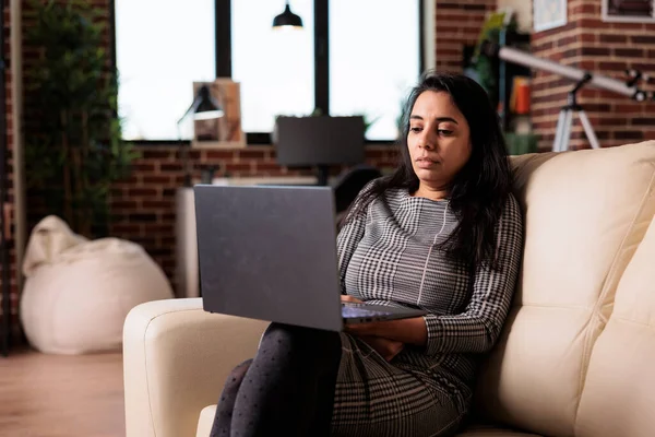 Female Freelancer Working Laptop Home Attending Online Class Lesson Doing — Fotografia de Stock