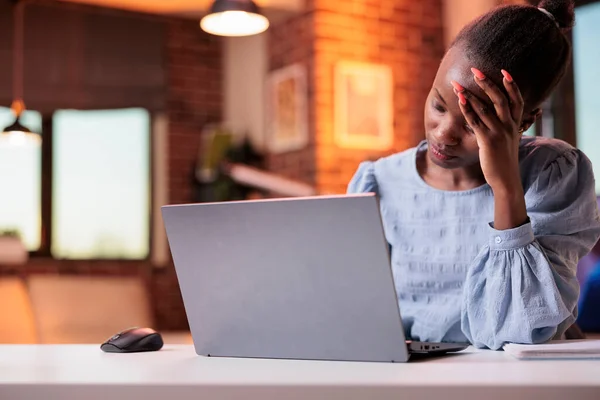 Stressed Young Female Freelancer Having Headache Working Laptop Corporate Employee — Stock Fotó