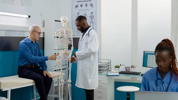 Health specialist analyzing human skeleton bones in cabinet, explaining osteopathy diagnosis to elderly patient. Osteopath examining orthopedic anatomy spinal cord at medical appointment.