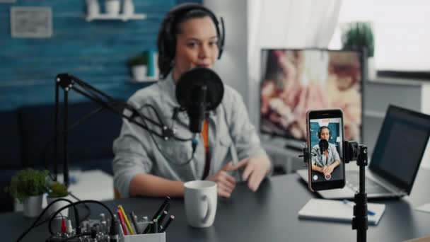 Social Media Influencer Using Modern Laptop While Streaming Remote Podcast — Video