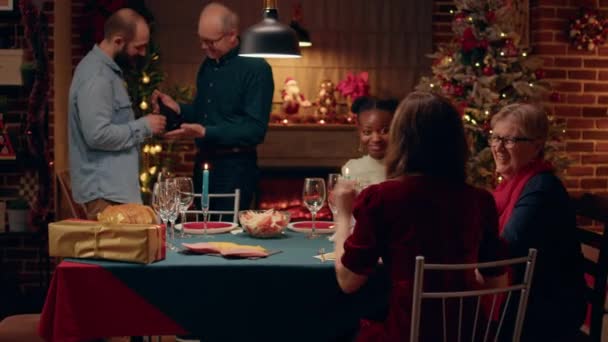 Happy Family Members Gathered Living Room Celebrate Christmas Together Cheerful — Vídeo de stock