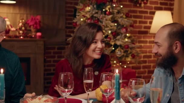 Festive Wife Talking Husband While Celebrating Christmas Evening Dinner Family — Video Stock