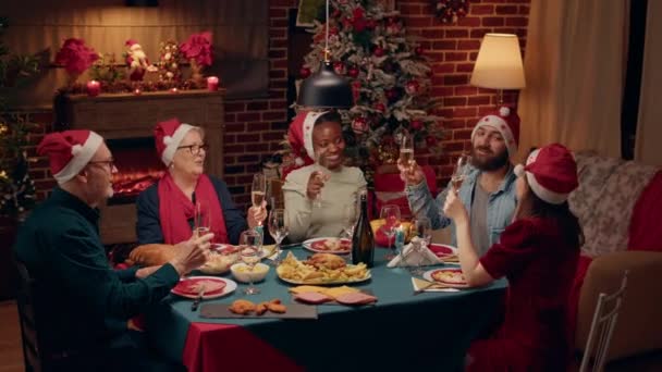 Happy Family Members Wearing Festive Hats While Clinking Glasses Champagne — Wideo stockowe