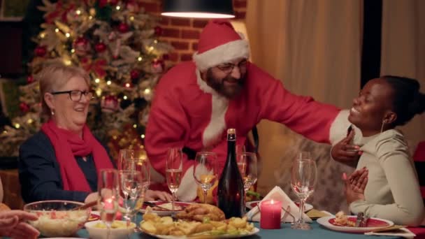 Goofy Person Disguised Santa Claus Acting Funny While Enjoying Christmas — Vídeos de Stock