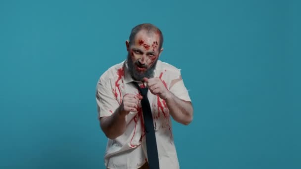 Dangerous Fighter Zombie Air Boxing Alone Blue Background Scary Aggressive — Video