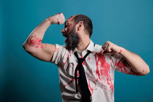 Spooky Halloween Monster Flexing Arm Muscles Camera Showing Biceps Triceps — Stock Photo, Image