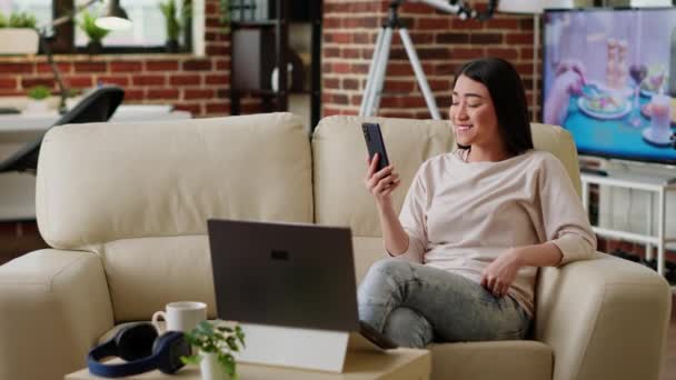 Joyful Woman Working Remotely While Online Videoconference Smartphone Coworker Smiling — Wideo stockowe