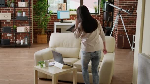 Hurried Asian Woman Working Remotely Startup Project Because Early Deadline — Stockvideo