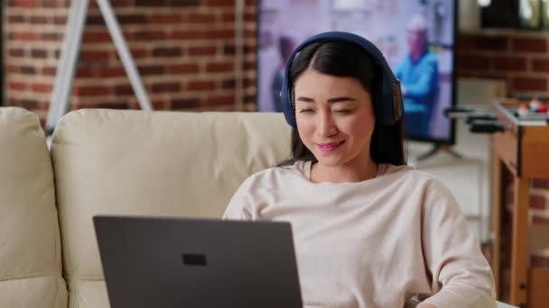 Happy Young Adult Person Watching Online Streaming Series Favourite Internet — Video