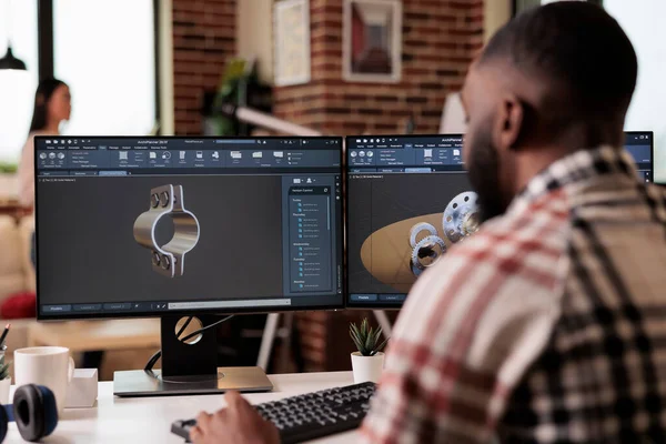 African American Developer Setting Gears Model Manufacturing Software Developing Engine — Stockfoto