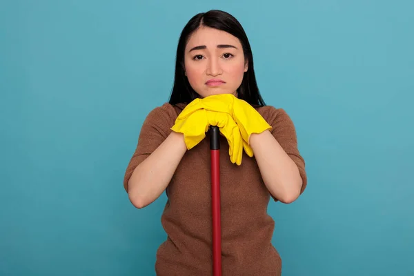 Overwhelmed Sad Tired Asian Houseworker Taking Some Rest Wearing Yellow — Photo