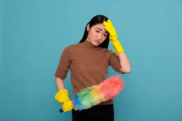 Sad Depressed Overwhelmed Asian Housemaid Tired Chores Holding Colorful Duster — Fotografia de Stock