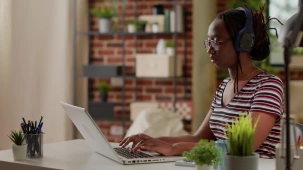 Startup Employee Listening Music Working Home Using Laptop Remote Job — Stok video