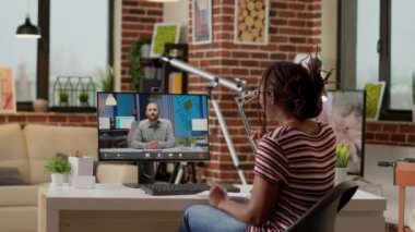 Freelancer talking on manager on online videoconference call, attending business meeting on videocall conference to chat with man. Using remote teleconference connection, virtual discussion.