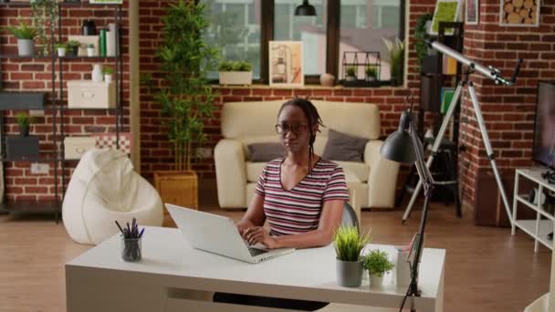 Portrait African American Freelancer Working Home Using Laptop Desk Startup — ストック動画
