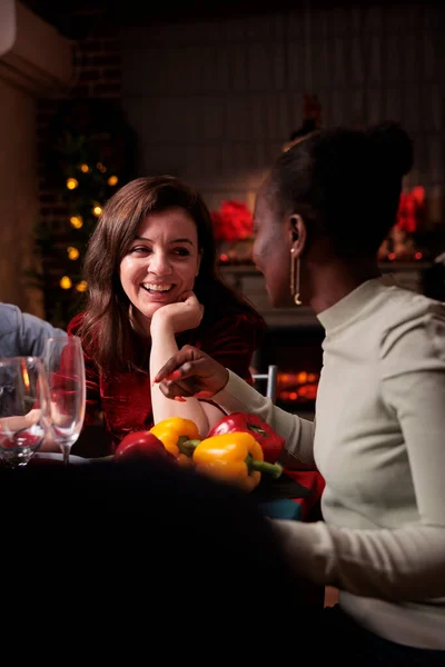 Diverse Friends Talking Christmas Dinner Laughing Family Celebrating Xmas Home — Stock Photo, Image