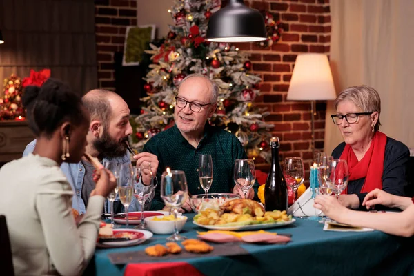 Big Diverse Family Celebrating Christmas Talking Eating Traditional Winter Holiday — Stockfoto