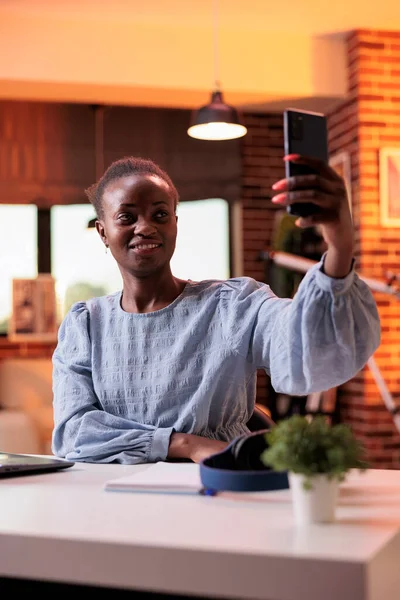 Female Remote Office Manager Making Selfie Smartphone Modern Coworking Space — Fotografia de Stock