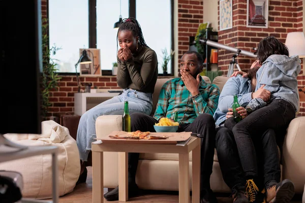 Multiethnic Group Friends Watching Scary Horror Movie Television Being Afraid — Stock Photo, Image