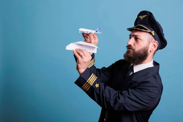 Airplane Aviator Holding Jet Toy Paper Plane Hands Front View — Stock Photo, Image