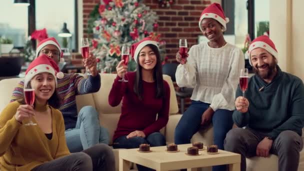 不同的同事用酒杯敬酒庆祝圣诞的肖像 为庆祝圣诞而欢呼 圣诞佳节期间饮酒和喜庆 — 图库视频影像