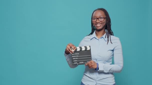 Portrait African American Woman Holding Film Slate Board Used Movie — Vídeos de Stock
