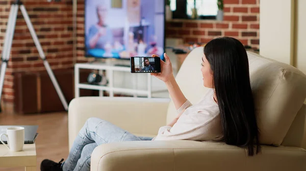 Employee Doing Remote Work While Digital Videoconference Meeting Smartphone Young — Foto de Stock