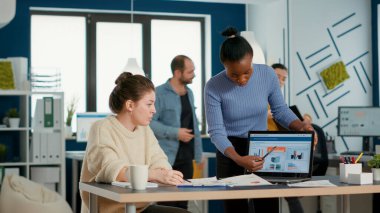 Afro-amerikan girişimi çalışanı laptopta kahve ya da fincandan çay içen iş arkadaşına pazarlama stratejisi sunuyor. Grup projesi üzerinde çalışan sıradan iş arkadaşları iş yıllık cirosunu analiz ediyorlar.