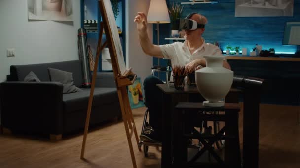 Paralyzed Wheelchair User Drawing Artwork Glasses Using Augmented Reality Headset — Vídeo de stock