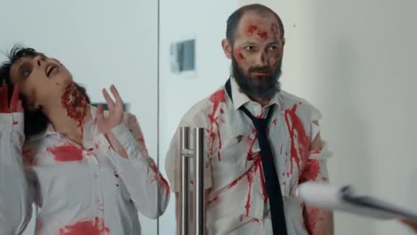 Mindless Creepy Monsters Deep Scars Trying Enter Office Workspace Apocalyptic — Stockvideo