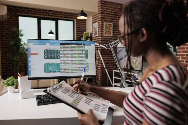 Woman analyzing statistics on computer screen, working with internet of things, using online application for work. Remote worker monitoring data, web 3 0, iot technology concept