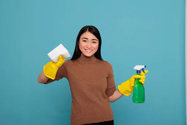 Delighted Smiling Glad Asian Housemaid Daily Routine Holding Spray Tissue — Stock Photo, Image