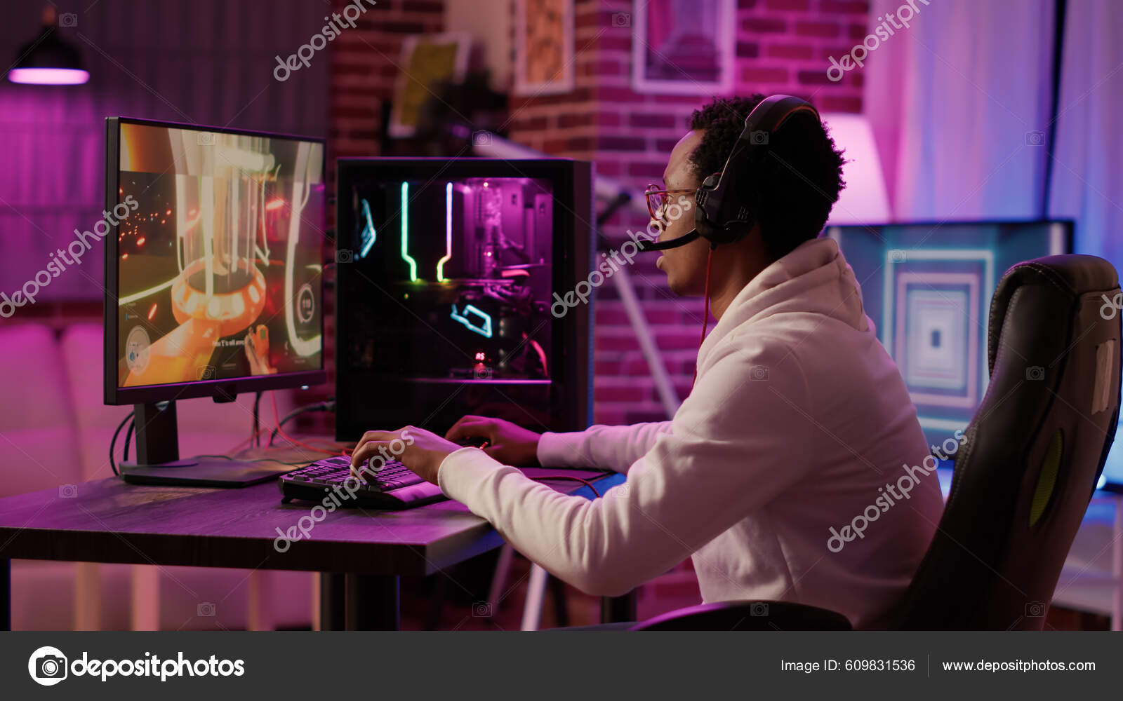 Free Photo  African american man playing multiplayer online action rpg on  pc while girlfriend is fighting in virtual reality game in living room.  gamer streaming first person shooter while woman uses
