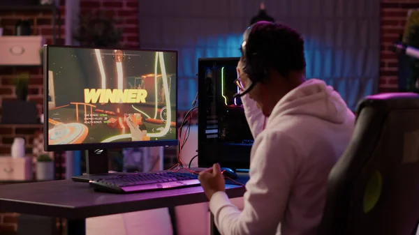 Shoulder View African American Gamer Celebrating Winning Online Competition Gaming — Stock Fotó