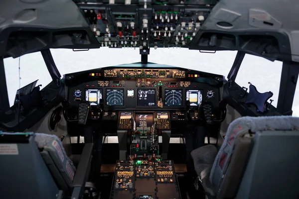 Não Pessoas Cockpit Avião Vazio Com Controle Painel Eletrônico Acelerador — Fotografia de Stock