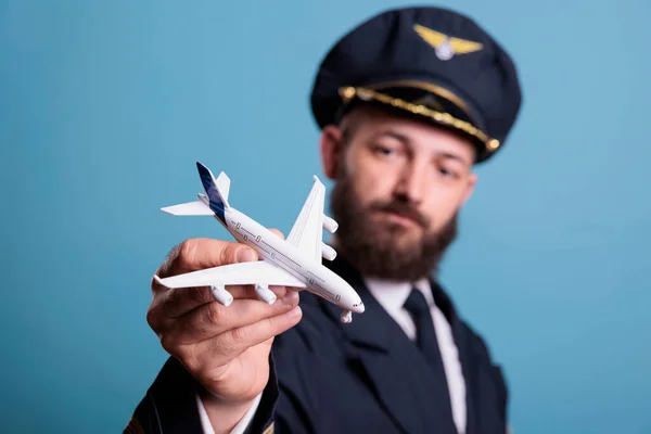 Airplane Aviator Aircrew Uniform Looking Plane Model Pilot Playing Commercial — Stock Photo, Image