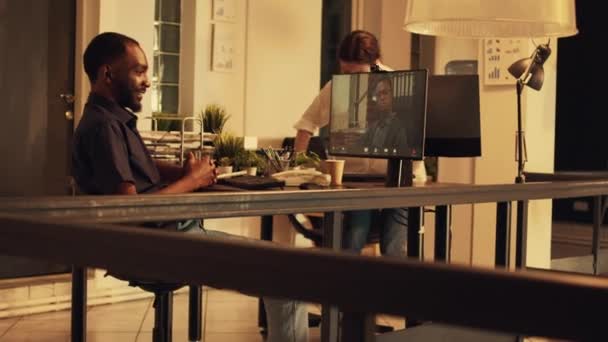 African American Man Attending Conference Meeting Colleague Talking Online Videocall — Stock Video