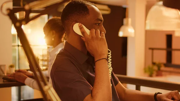 Business Man Answering Landline Phone Call Office Big Windows Talking — Stok fotoğraf