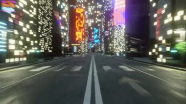 Geceleri modern şehir gökdeleninde uçmak, gelecekçi finansal şehir modern ofis mimarisi sokak kasabası. 3D gerçekçi animasyon cam cephe gayrimenkul dış kule şehir