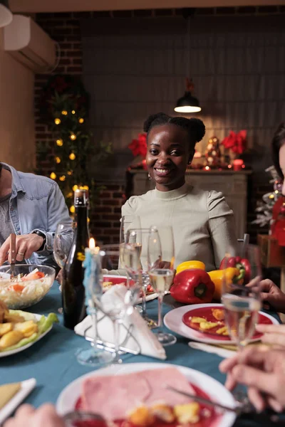 African American Woman Sitting Christmas Festive Table Portrait Celebrating Winter — Stock Photo, Image