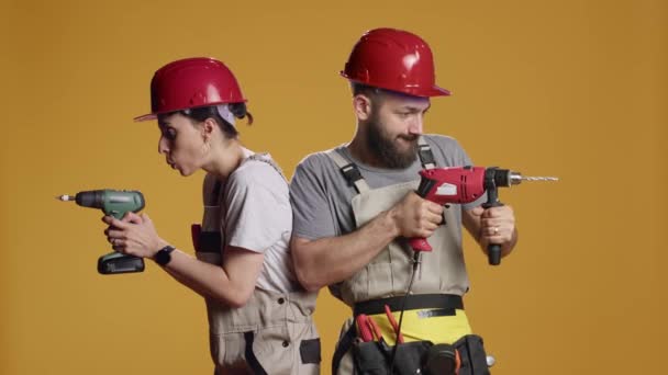 Construction Workers Using Power Drill Gun Work Industrial Renovation Working — Stock Video