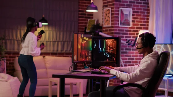 Gamer Playing Multiplayer First Person Shooter While Gaming Girl Fighting — Stock Fotó