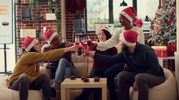 Multiethnic Group People Clinking Glasses Wine Making Toast Celebrate Winter — Stock Video