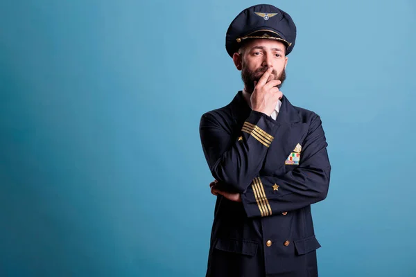 Pensive Confused Airline Pilot Uniform Questioning Making Decision Thinking Making — Stock Photo, Image